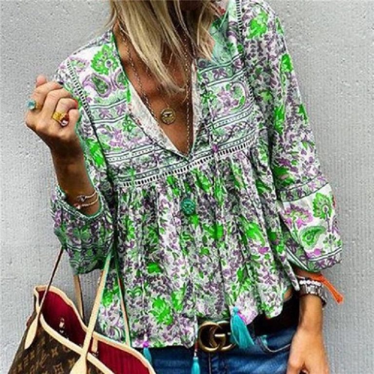 Bohemian V-neck Floral Print Lantern Sleeve Lace Patchwork Blouses - Image 3