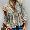 Bohemian V-neck Floral Print Lantern Sleeve Lace Patchwork Blouses - Image 4