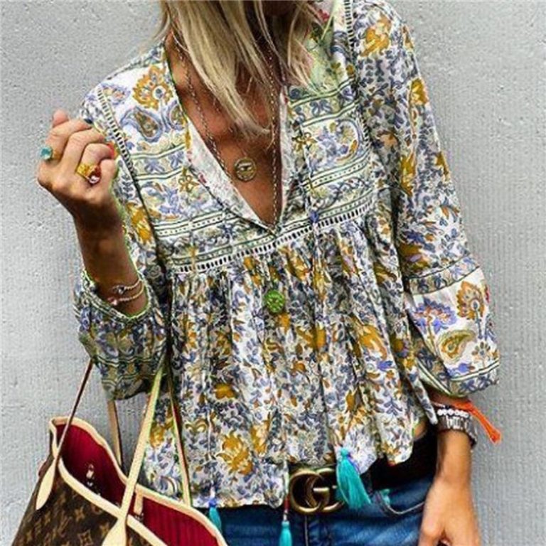 Bohemian V-neck Floral Print Lantern Sleeve Lace Patchwork Blouses - Image 4
