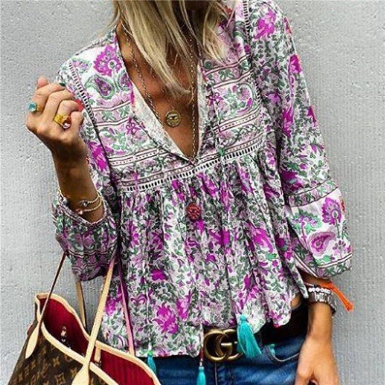 Bohemian V-neck Floral Print Lantern Sleeve Lace Patchwork Blouses - Image 5