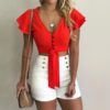Butterfly Sleeve Sexy V-neck Button Chiffon Slim Short Tops - Image 7