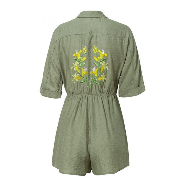 Casual Flower Embroidery Button Pocket Sash Belt Jumpsuit - Image 6