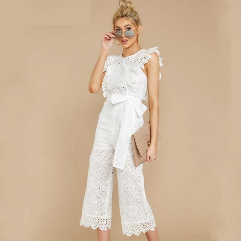 Casual High Waist Embroidery Bow Tie Jumpsuits