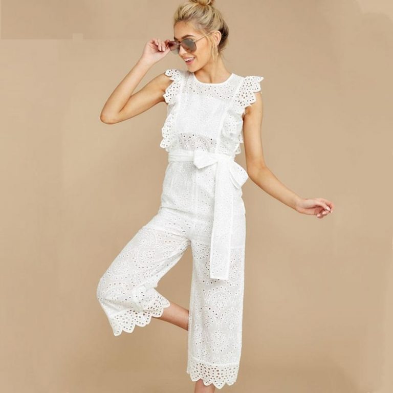 Casual High Waist Embroidery Bow Tie Jumpsuits - Image 2