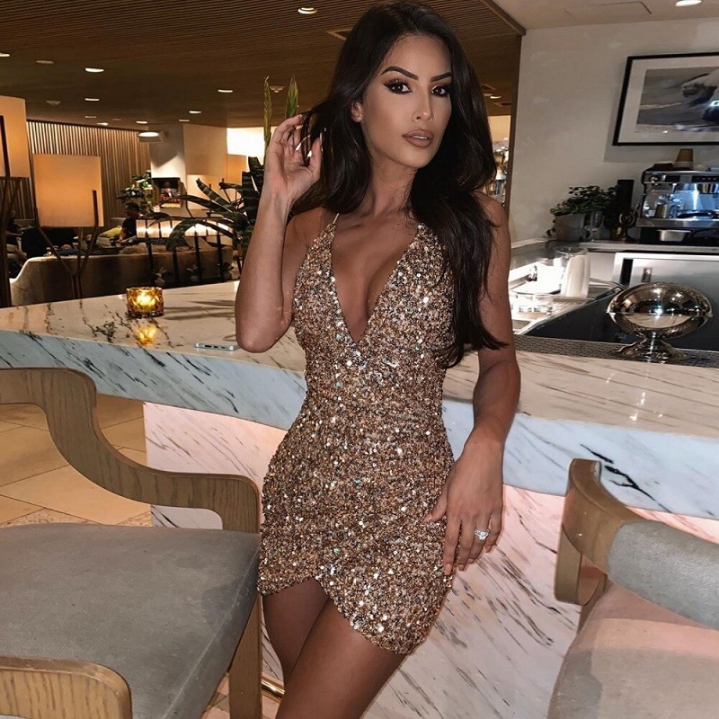 Deep V Neck Glitter Sequined Backless Sexy Dress