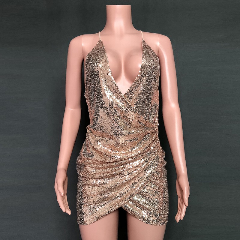 Deep V Neck Glitter Sequined Backless Sexy Dress - Image 2