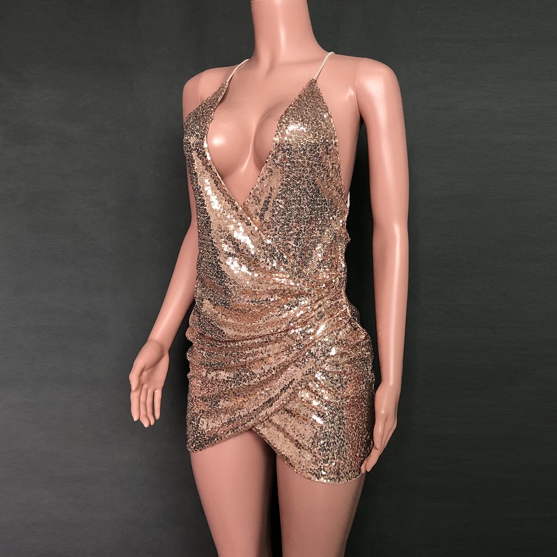 Deep V Neck Glitter Sequined Backless Sexy Dress - Image 3