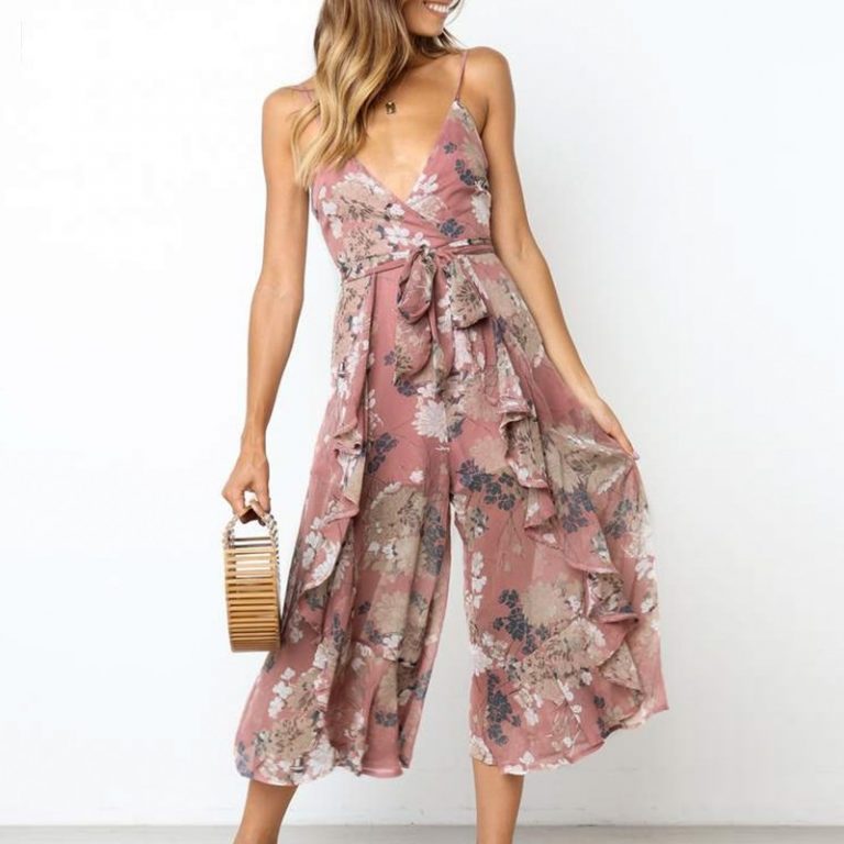 Elegant Floral Print Sexy Ruffled Sashes Jumpsuit