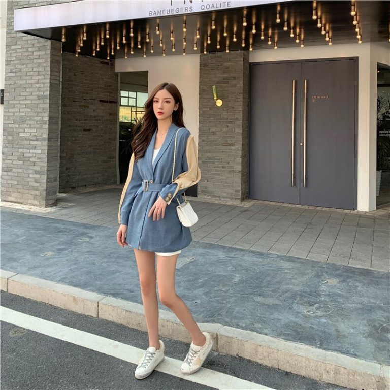 Elegant Patchwork Loose  Fashion Belted Workwear Blazer - Image 3
