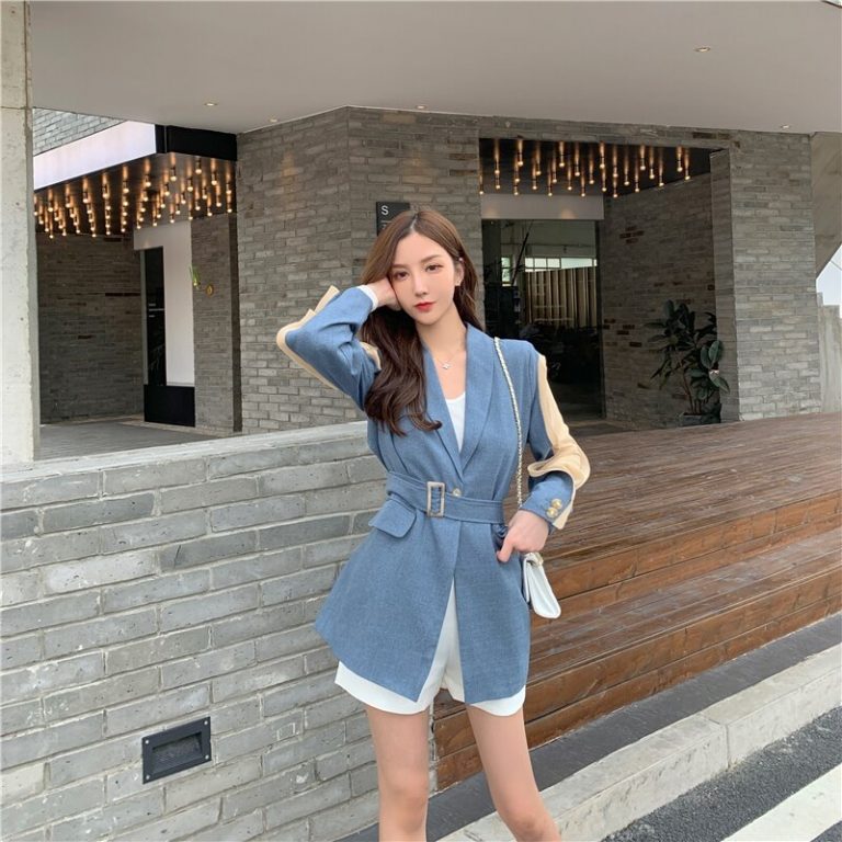 Elegant Patchwork Loose  Fashion Belted Workwear Blazer