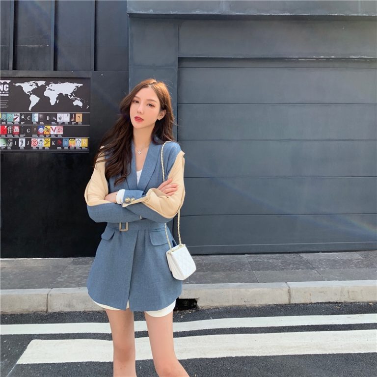 Elegant Patchwork Loose  Fashion Belted Workwear Blazer - Image 9