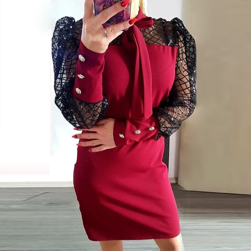 Elegant Puff Shoulder Mesh Patchwork Mini Party Dresses