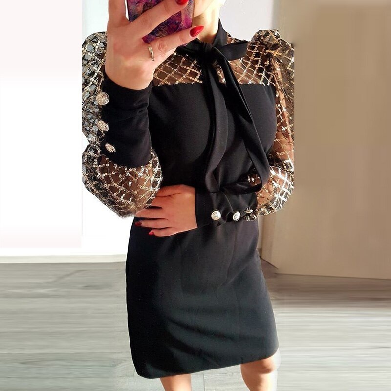 Elegant Puff Shoulder Mesh Patchwork Mini Party Dresses - Image 3