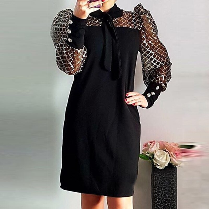 Elegant Puff Shoulder Mesh Patchwork Mini Party Dresses - Image 4