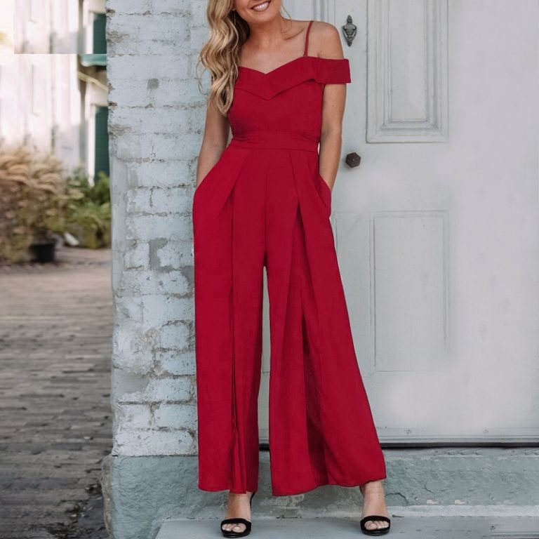 Elegant V Neck Wide Leg Off Shoulder Sexy Jumpsuit - Image 3