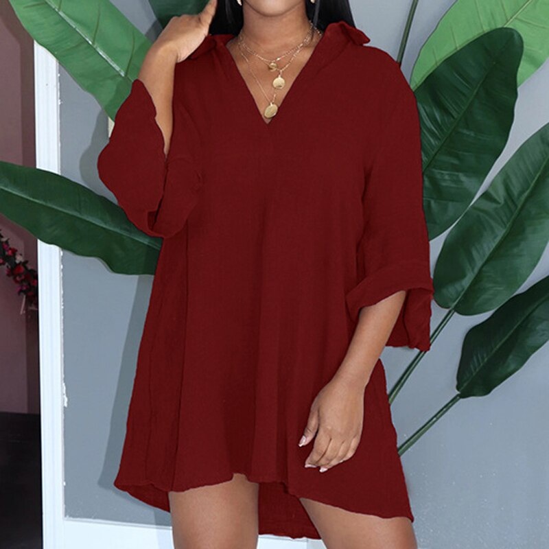 Elegant V-neck Casual Half Flare Sleeve Mini Shirt Dress - Image 5