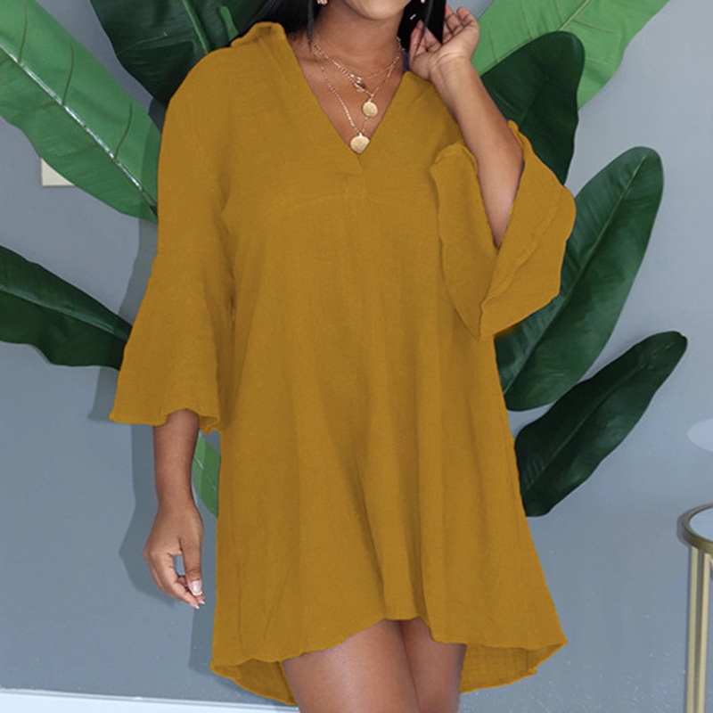 Elegant V-neck Casual Half Flare Sleeve Mini Shirt Dress - Image 6