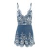 Floral Embroidery V neck Zipper Sexy Short Jumpsuit - Image 4