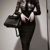 Floral Print Long Sleeves Split Front Sexy Jewel Neck Layered Slim Fit Bodycon Dress - Image 5