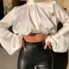 Hollow Out Lantern Sleeve Satin Silk Turtleneck Casual Short Tops