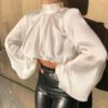 Hollow Out Lantern Sleeve Satin Silk Turtleneck Casual Short Tops - Image 2