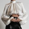 Hollow Out Lantern Sleeve Satin Silk Turtleneck Casual Short Tops - Image 4