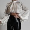 Hollow Out Lantern Sleeve Satin Silk Turtleneck Casual Short Tops - Image 5