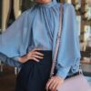 Hollow Out Lantern Sleeve Turtleneck Casual Blouses