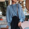 Hollow Out Lantern Sleeve Turtleneck Casual Blouses - Image 3