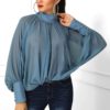 Hollow Out Lantern Sleeve Turtleneck Casual Blouses - Image 5