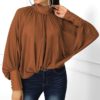 Hollow Out Lantern Sleeve Turtleneck Casual Blouses - Image 7