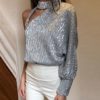 Hollow Out Sequin Sexy Off Shoulder Lantern Long Sleeve Blouse - Image 2