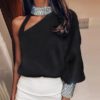 Hollow Out Sequin Sexy Off Shoulder Lantern Long Sleeve Blouse - Image 4