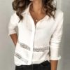 Hollow Out V-neck Lace Long Sleeve Chiffon Shirt - Image 5