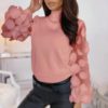 Lantern Long Sleeve Mesh O-neck Solid Knitted Casual Blouse