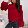 Lantern Long Sleeve Mesh O-neck Solid Knitted Casual Blouse - Image 2