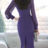 Long Sleeves Split Front Sexy V-Neck Layered Body Conscious Bodycon Dress - Image 3