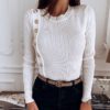 O-Neck Metal Buttons Long Sleeve Solid Ribbed Knitted Blouse
