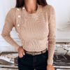 O-Neck Metal Buttons Long Sleeve Solid Ribbed Knitted Blouse - Image 2