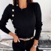O-Neck Metal Buttons Long Sleeve Solid Ribbed Knitted Blouse - Image 3