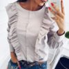 O-neck Buttons Elegant Ruffle Solid Long Sleeve Street Wear Shirt