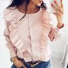 O-neck Buttons Elegant Ruffle Solid Long Sleeve Street Wear Shirt - Image 3