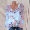 Plus Size Floral Print Button Casual O-Neck Chiffon Blouse
