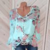 Plus Size Floral Print Button Casual O-Neck Chiffon Blouse - Image 2