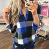 Plus Size V-neck Plaid Long Sleeve Loose Office Ladies Blouse