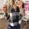 Plus Size V-neck Plaid Long Sleeve Loose Office Ladies Blouse - Image 3