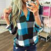 Plus Size V-neck Plaid Long Sleeve Loose Office Ladies Blouse - Image 5