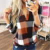 Plus Size V-neck Plaid Long Sleeve Loose Office Ladies Blouse - Image 7