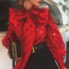 Polka Dot Print Sexy Hollow Out Bow Tie Lantern Long Sleeve Sweet Blouse