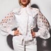 Polka Dot Print Sexy Hollow Out Bow Tie Lantern Long Sleeve Sweet Blouse - Image 3